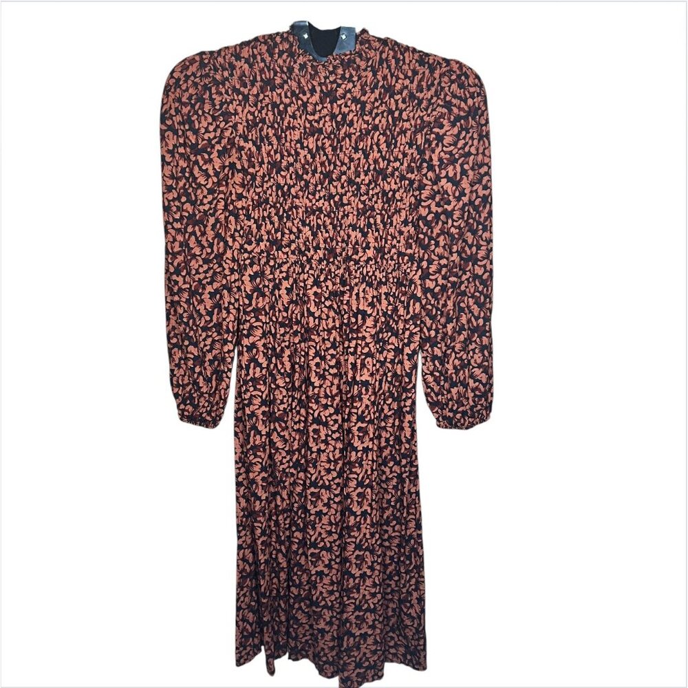 A New Day Smocked Midi Dress Rust Black Floral Long Sleeve Fall Cottagecore Boho